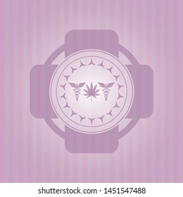 medicinal weed icon inside pink emblem. Retro