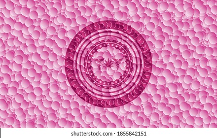 medicinal weed icon inside pink emblem with bubbles background. Vector Illustration. Detailed. 