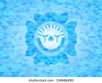 medicinal weed icon inside realistic light blue emblem. Mosaic background
