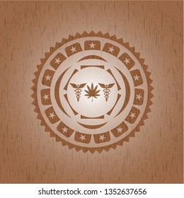 medicinal weed icon inside realistic wooden emblem