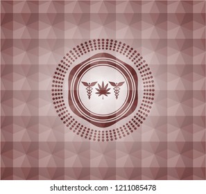 medicinal weed icon inside red seamless geometric pattern emblem. Seamless.