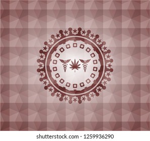 medicinal weed icon inside red emblem with geometric pattern. Seamless.