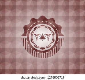 medicinal weed icon inside red seamless polygonal badge.