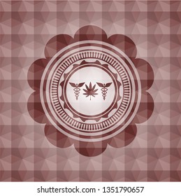 medicinal weed icon inside red geometric badge. Seamless.