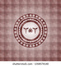 medicinal weed icon inside red geometric pattern emblem. Seamless.