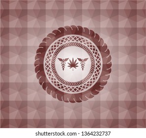 medicinal weed icon inside red seamless geometric badge.