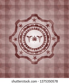 medicinal weed icon inside red seamless emblem with geometric pattern.