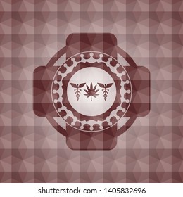 medicinal weed icon inside red emblem or badge with geometric pattern background. Seamless.