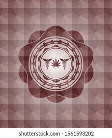 medicinal weed icon inside red emblem with geometric pattern. Seamless.