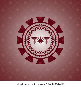 medicinal weed icon inside red emblem. Retro