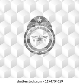 medicinal weed icon inside retro style grey emblem with geometric cube white background