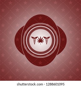medicinal weed icon inside retro red emblem