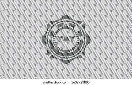 medicinal weed icon inside shiny silver emblem. Scales pattern. Vector Illustration. Detailed.
