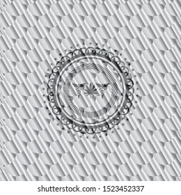 medicinal weed icon inside silver color badge. Scales pattern. Vector Illustration. Detailed.