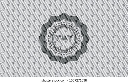 medicinal weed icon inside silver color badge or emblem. Scales pattern. Vector Illustration. Detailed.