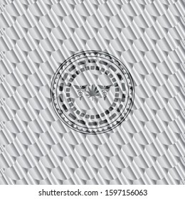 medicinal weed icon inside silver color badge. Scales pattern. Vector Illustration. Detailed.