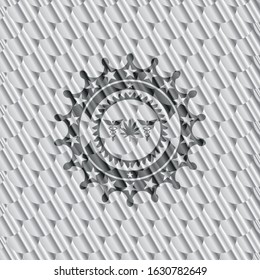 medicinal weed icon inside silver color badge or emblem. Scales pattern. Vector Illustration. Detailed.