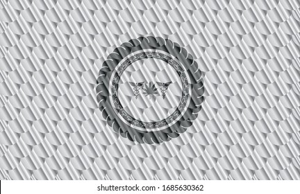 medicinal weed icon inside silver emblem. Scales pattern. Vector Illustration. Detailed.