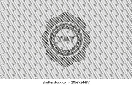 medicinal weed icon inside silver color badge. Scales pattern. Vector Illustration. Detailed. 