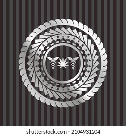 medicinal weed icon inside silver badge or emblem. 
