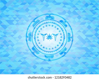 medicinal weed icon inside sky blue mosaic emblem