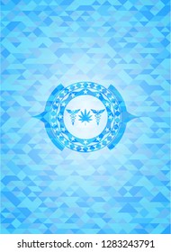 medicinal weed icon inside sky blue emblem. Mosaic background