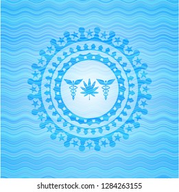 medicinal weed icon inside sky blue water emblem background.