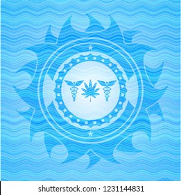 medicinal weed icon inside water wave emblem.