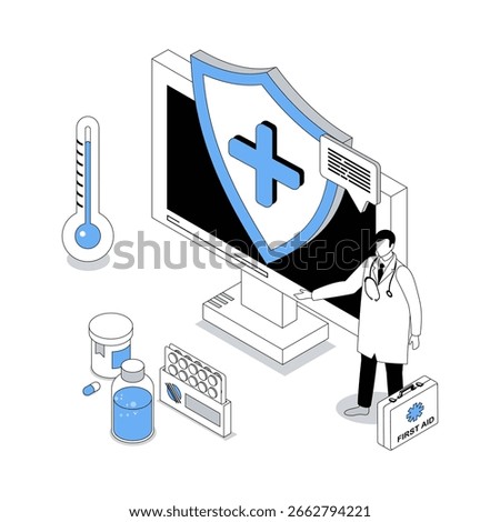 Medicine 3d isometric concept with isometry people design for web. Doctor with first aid kit making diagnosis and consulting patients, prescribing pills and pharmaceutical treat. Vector illustration