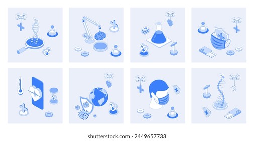 Medicine 3d isometric concept set with isometric icons design for web. Collection of dna genetics researches, laboratory experiments, chemical tests, vaccination and healthcare. Vector illustration