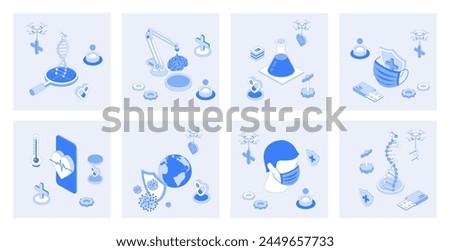 Medicine 3d isometric concept set with isometric icons design for web. Collection of dna genetics researches, laboratory experiments, chemical tests, vaccination and healthcare. Vector illustration