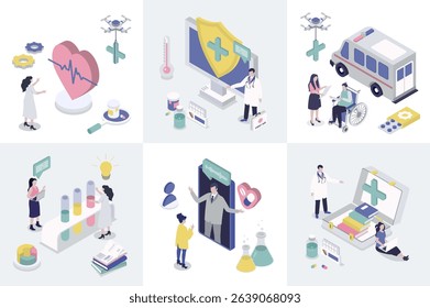 Medicine 3d isometry concept for web design. Collection set with isometric people getting online consultation with doctor, emergency help, diagnosis, treatment, laboratory tests. Vector illustration.