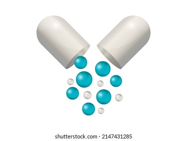 Medicine 3d pill, capsule vector icon, white open medical tablet, realistic drug half, pharmacy mockap, falling blue balls, treatment aid concept. Healthcare illustration isolated on white background 