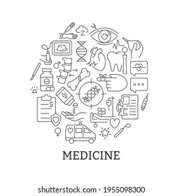 Medicine abstract linear concept layout with headline. Disease treatment. Healthcare minimalistic idea. Hospital support thin line graphic drawings. Isolated vector contour icons for background