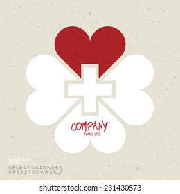Plantilla de diseño vectorial del logotipo abstracto de la medicina. Concepto de formas de hoja de trébol sobre textura de papel reciclado, de estilo retro. Con cartas escritas a mano. Vector