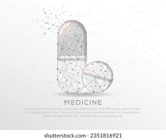 Medicine abstract mash line and composition digitally drawn in the form of broken a part triangle shape and scattered dots low poly wire frame.