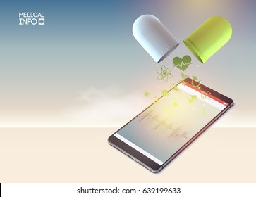 Medicine abstract template with realistic mobile device broken pill and medical icons on light background vector illustration