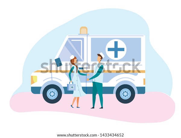 Medicine Ambulance Car and Staff Illustration.\
Female Doctor and Male Paramedic Shaking Hands. Emergency Medical\
Help and Rescue Team Workers. Hospital People Characters. Vector\
Flat Cartoon