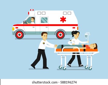 Medicine ambulance concept in flat style isolated on blue background. Young doctor paramedic man and woman, ambulance car and patient on stretcher