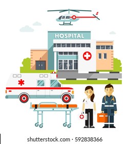 Medicine ambulance concept in flat style isolated on white background. Hospital building, young doctors man and woman, paramedic ambulance car and medical helicopter