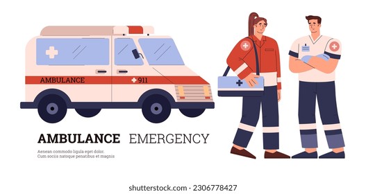 Medicine ambulance emergency service and help concept for website with doctors paramedics man and woman, flat cartoon vector illustration isolated on white background.