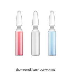 Medicine ampoule collection with liquids and vitamins of different colors, containers filled with medical products, isolated on vector illustration