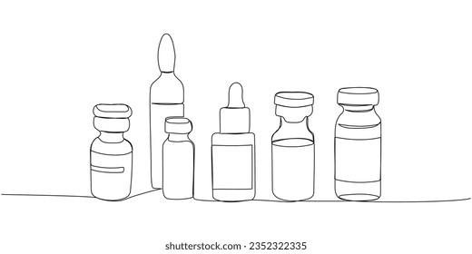 Medicine ampoules set. Serum, vaccine, glucose, spray, oil one line art. Continuous line drawing of treatment, medication, pharmaceutical, medical, pharmacy, medicine, therapy, allergy