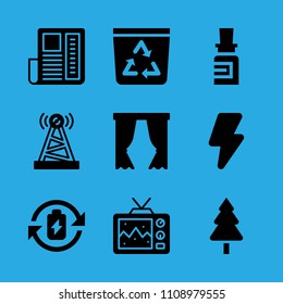 medicine, antenna, tree, battery, news paper, high voltage, curtains, television and recycle bin vector icon. Simple icons set