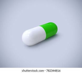 Medicine antibiotic, painkiller pill. Vector realistic healthcare illustration. Birth control or vitamin 3d capsule. Pharmaceutical biotechnology concept. Pharmacy product mockup. Dual color tablet