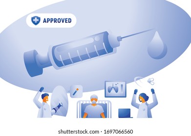 medicine approved vector illustration with team doctor test vaccine in lab with patient in bed.