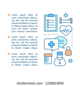 Medicine article page vector template. Medical service. Healthcare. Doctor appointment. Hospital. Brochure, magazine, booklet design. Linear icons and text boxes. Concept illustrations with text space