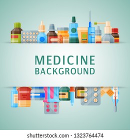 Medicine background banner vector illustration. Medicine, pharmacy, hospital set of drugs with labels. Medication, pharmaceutics concept. Different medical pills and bottles.