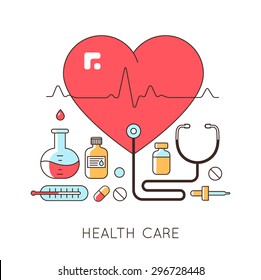 Medicine background with the heart, drugs, medical equipments. Design elements for mobile, web applications. Vector illustration in line style.