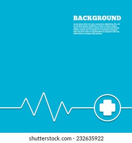 Medicine background. Medical cross sign icon. Diagnostics symbol. Blue poster with white sign and cardiogram. Vector